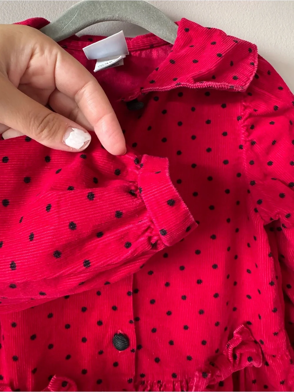 Vintage Osh Kosh B’Gosh‎ Red Corduroy Black Polka Dot Bow Dress Paper Tag Size 4